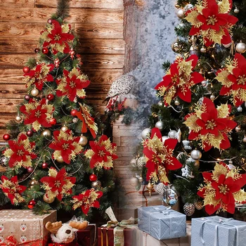 5 бр. Изкуствени Коледни Цветя за Коледна Украса Цвете коледна звезда Коледни Подаръци Кутии Декор Коледната Украса