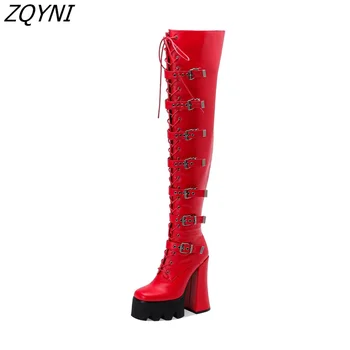 Zqyni/пикантен дамски ботуши-фетишисты, ботуши над коляното, 15 см, ремък, метални обувки на висок ток, бретельки на дебела подметка, голям размер на 43