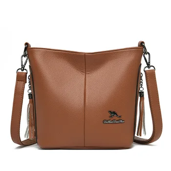 Дамска чанта за през рамото от естествена кожа тип кофи от Композитен телешка кожа, лесна чанта през рамо с пискюли, чанта с цип, по-Голямата голям чанта