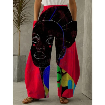Широки панталони, Дамски Модни Ежедневните Свободни Широки Панталони в Африканския стил с висока талия, прави панталони за фитнес, панталони с джобове, Спортно Облекло