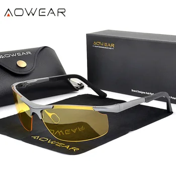 AOWEAR Луксозни Поляризирани Очила за Нощно Виждане Без Рамки, Мъжки слънчеви Очила От Естествен Алуминий, Спортни Очила за Шофиране на Открито, на Жълти Слънчеви Очила за Мъже