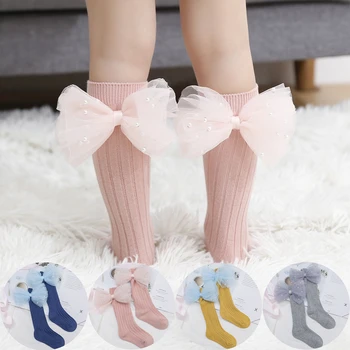 Нови детски Чорапи с лъкове, расшитыми мъниста, Чорапи до коляното за малки момичета, Памучни Бебешки Дълги Чорапи, Ученически чорапи за бебета от 0 до 7 години