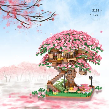 Сакура Мини Къща Дърво Град Тухли Японската Улица Творчеството Строителни Блокове Модел Пейзаж Къща Играчки за Деца Подаръци