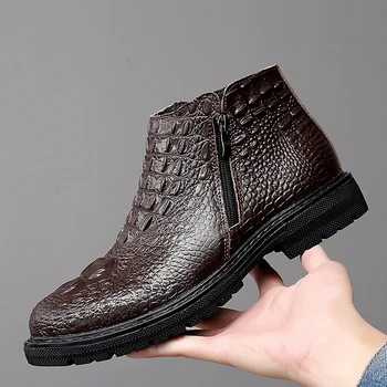 Мъжки бизнес обувки от висококачествена естествена кожа, есен-зима топли зимни ботуши в меху, мъжки ботильоны с крокодиловым модел, мъжки обувки